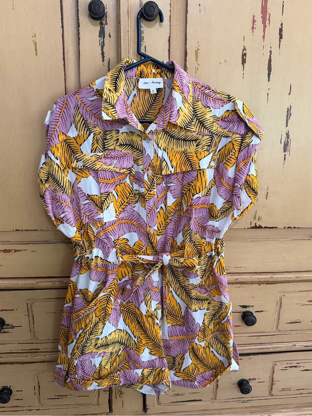Linen-Blend Tropical Leaf Button-Up Romper - Perfect for LSU or Clemson games!!